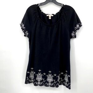 JM Collection Boat Neck, Gathering at Neckline, Embroidered Edging, Top Size M